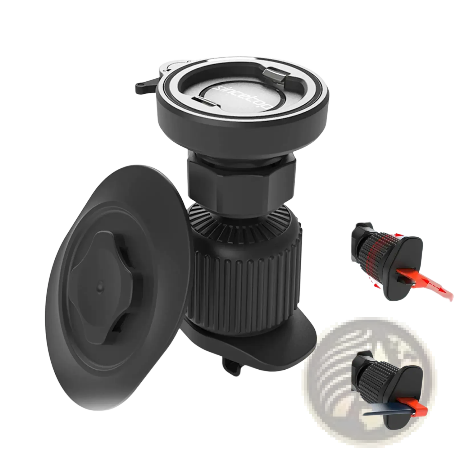 Black plastic suction cup camera mount with adjustable length and stainless steel hook for magnetic car phone mount