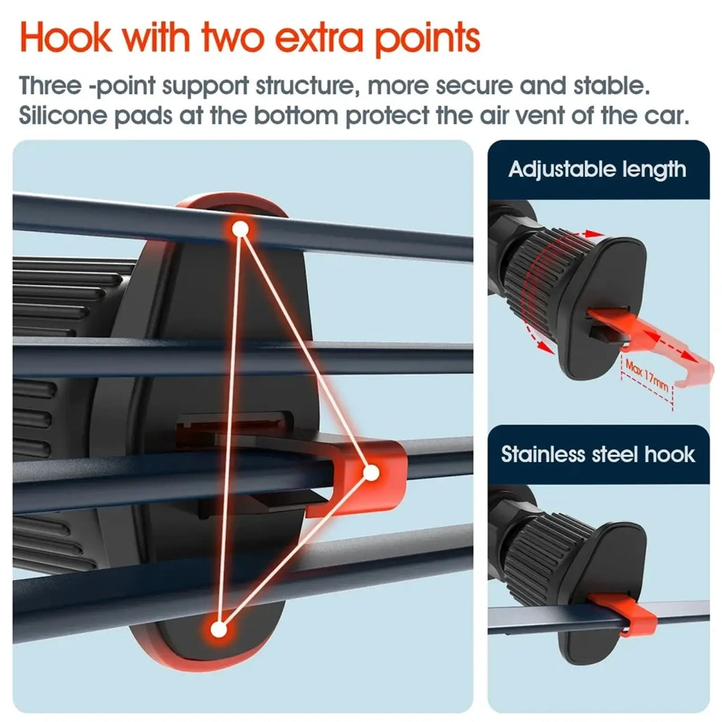 Black and red stainless steel magnetic car phone mount with adjustable hook and silicone pads for air vent mounting