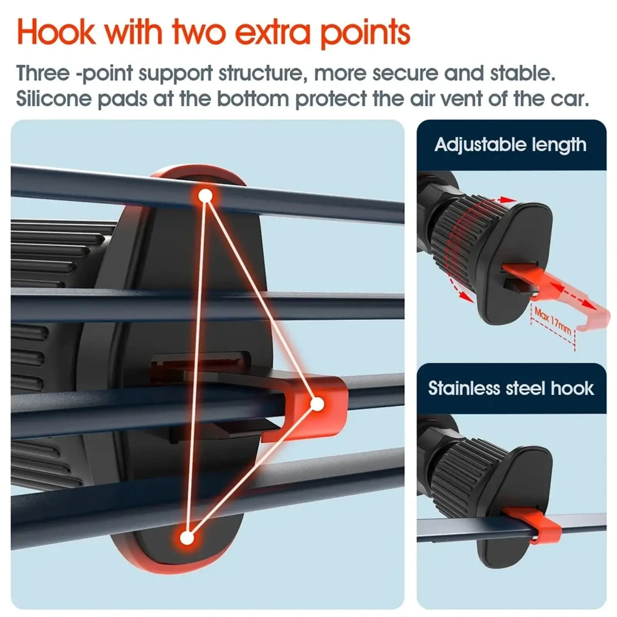 Black and red stainless steel magnetic car phone mount with adjustable hook and silicone pads for air vent mounting