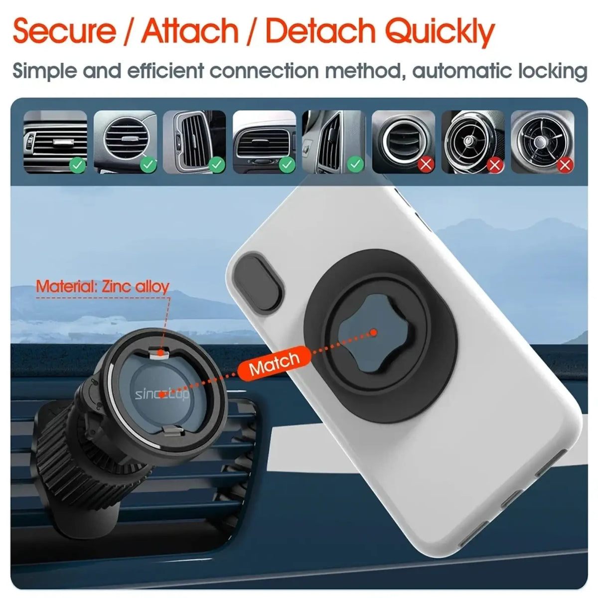 Black and white zinc alloy magnetic car phone mount with circular ring for secure attachment to air vents