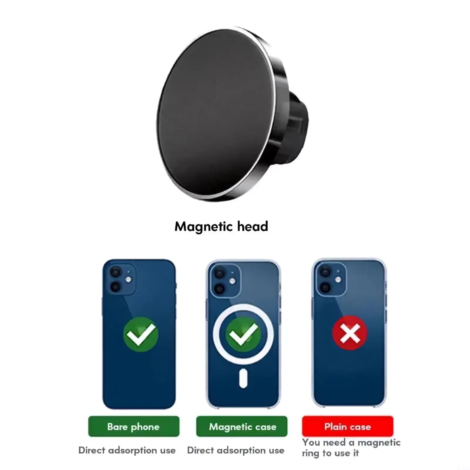 Black circular magnetic car phone mount head with metallic rim for iphone 12 13 14 15 back side view