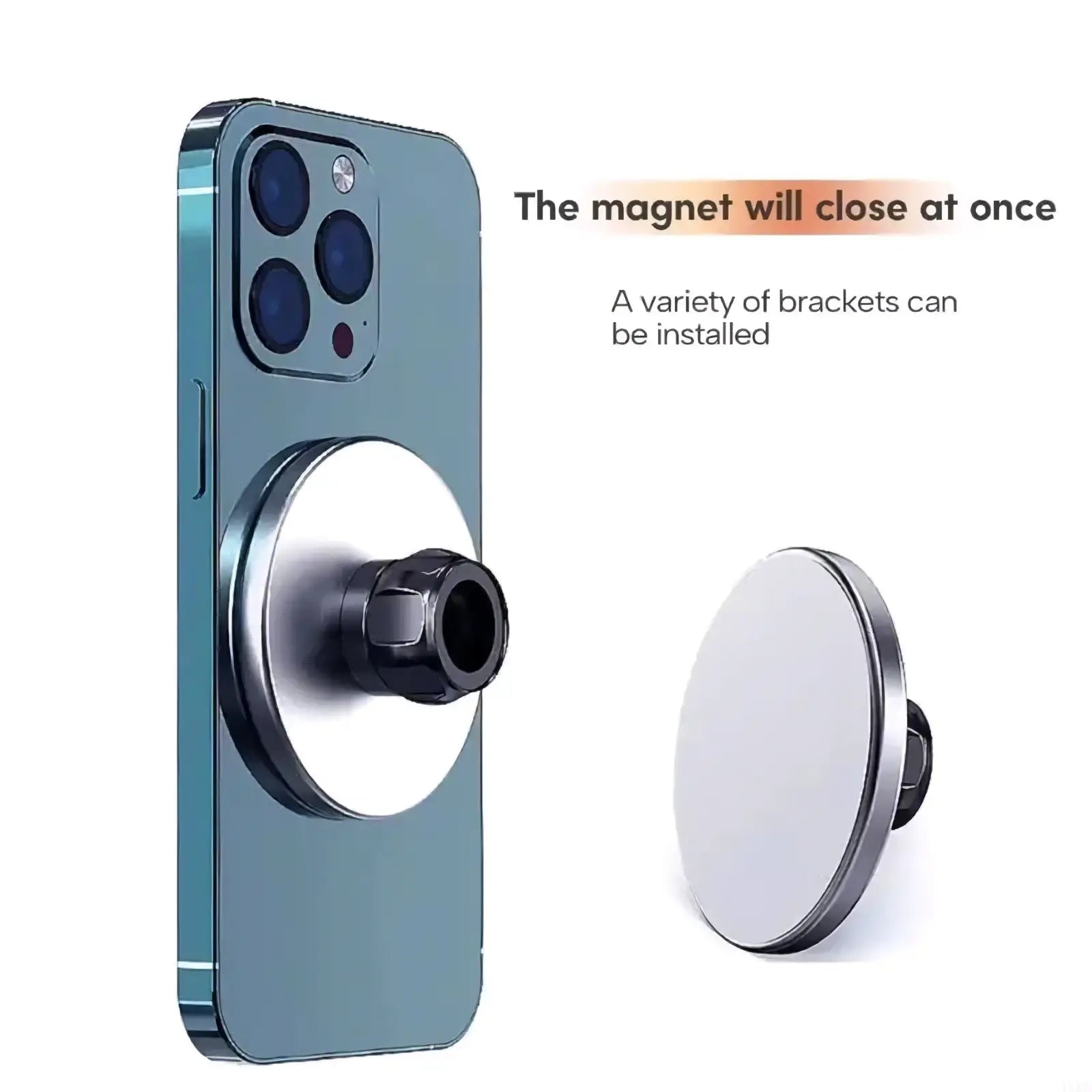 Silver magnetic car phone mount for iPhone 12 13 14 15 with sleek circular design and black central grip