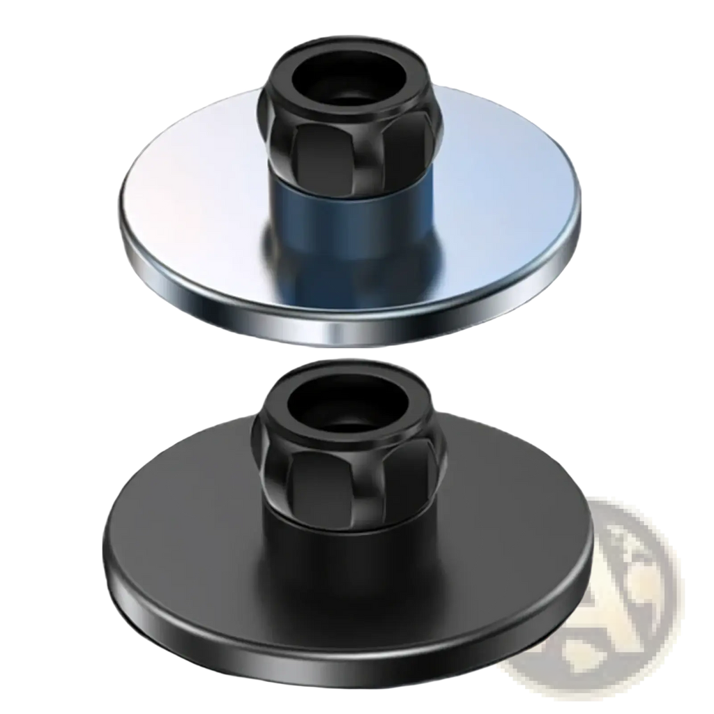 Two black and silver metallic snap buttons with hexagonal threaded tops for magnetic car phone mount for iPhone 12 to 15