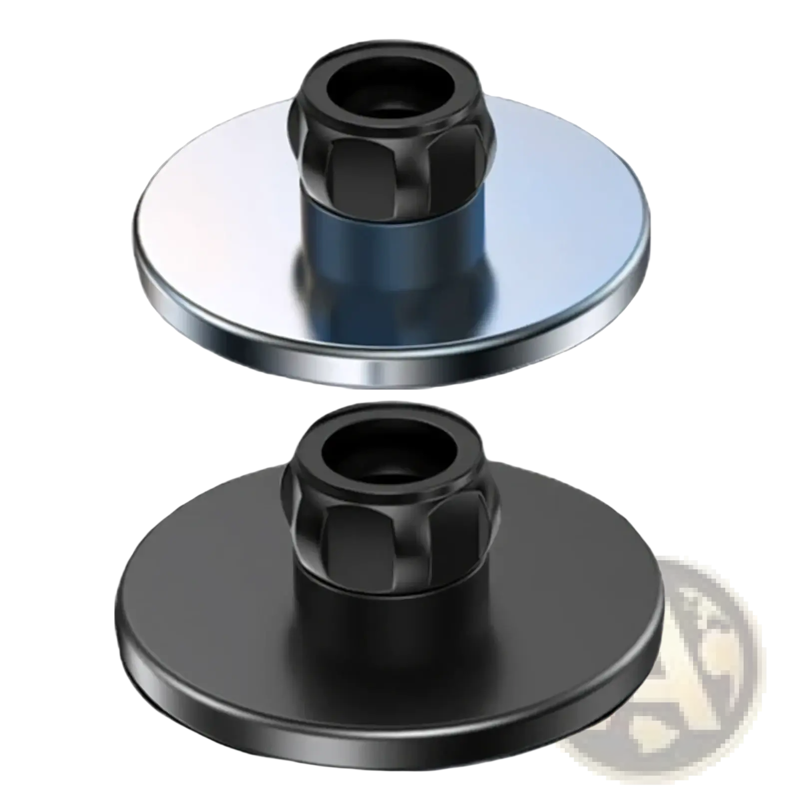 Two black and silver metallic snap buttons with hexagonal threaded tops for magnetic car phone mount for iPhone 12 to 15