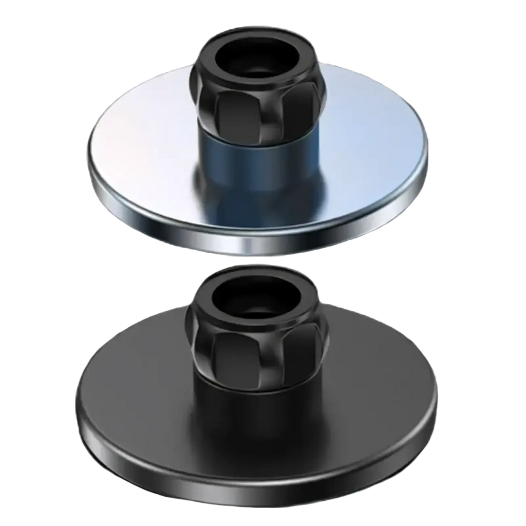 Magnetic car phone mount base plates in polished silver and matte black with central threaded posts for iPhone 12 13 14 15
