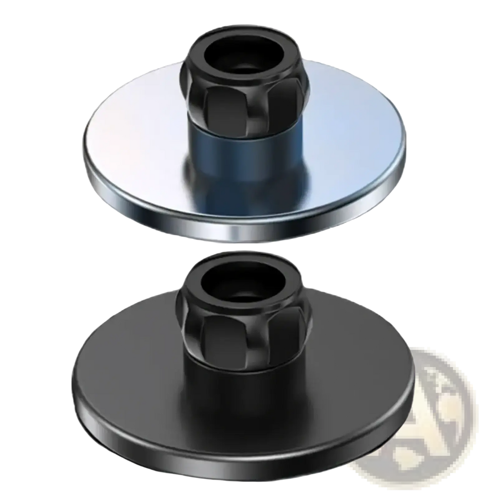Magnetic car phone mount base plates in polished silver and matte black with central threaded posts for iPhone 12 13 14 15