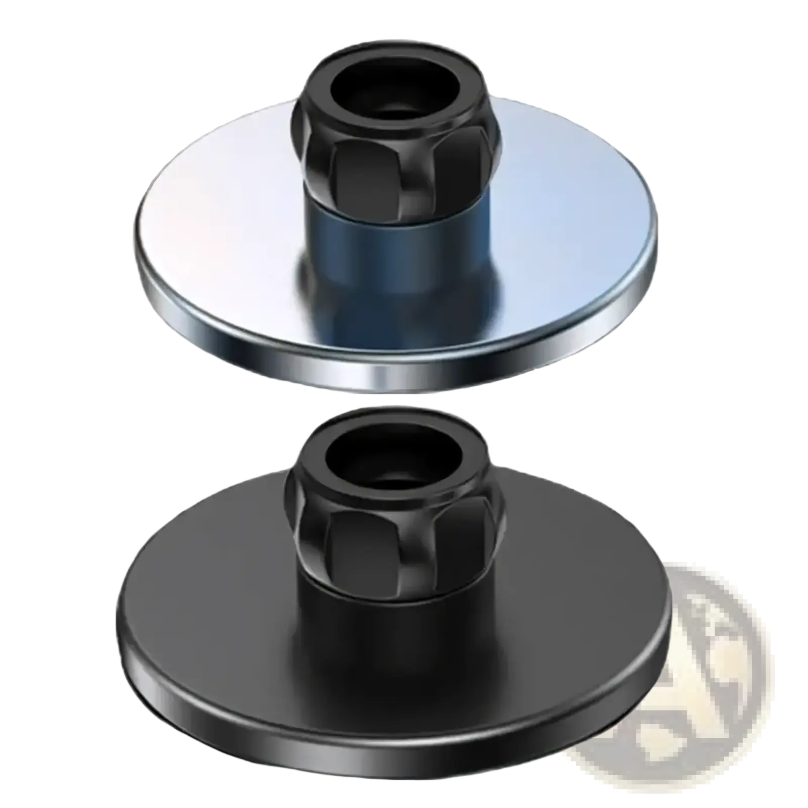 Magnetic car phone mount base plates in polished silver and matte black with central threaded posts for iPhone 12 13 14 15