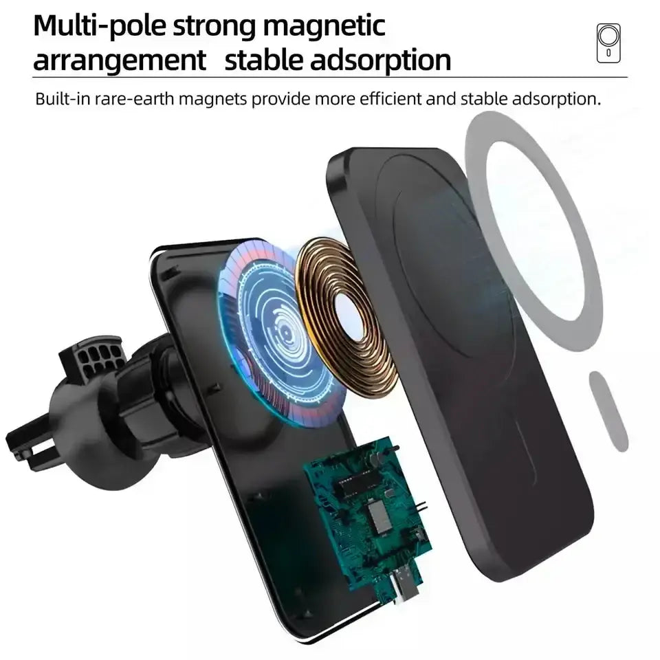 Black magnetic car wireless charger with multi-pole rare-earth magnets for stable adsorption of wireless mobile phones