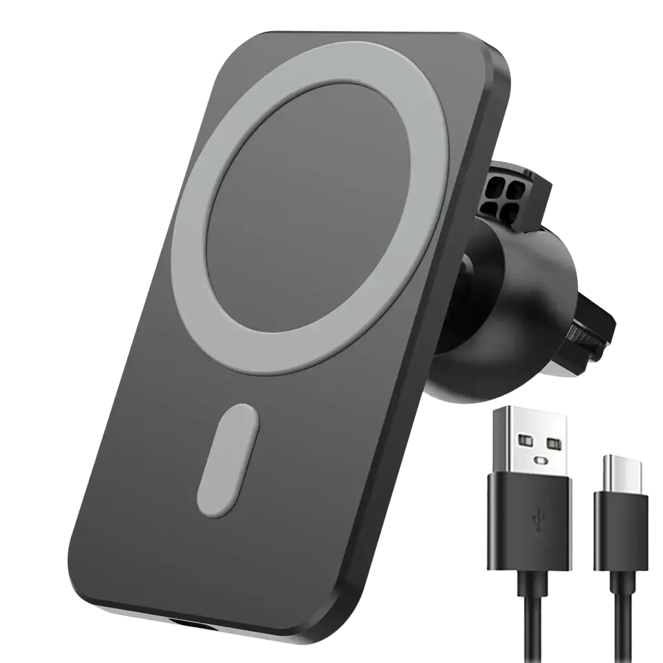 Black magnetic car wireless charger with circular charging pad and usb-c cable for wireless mobile phones