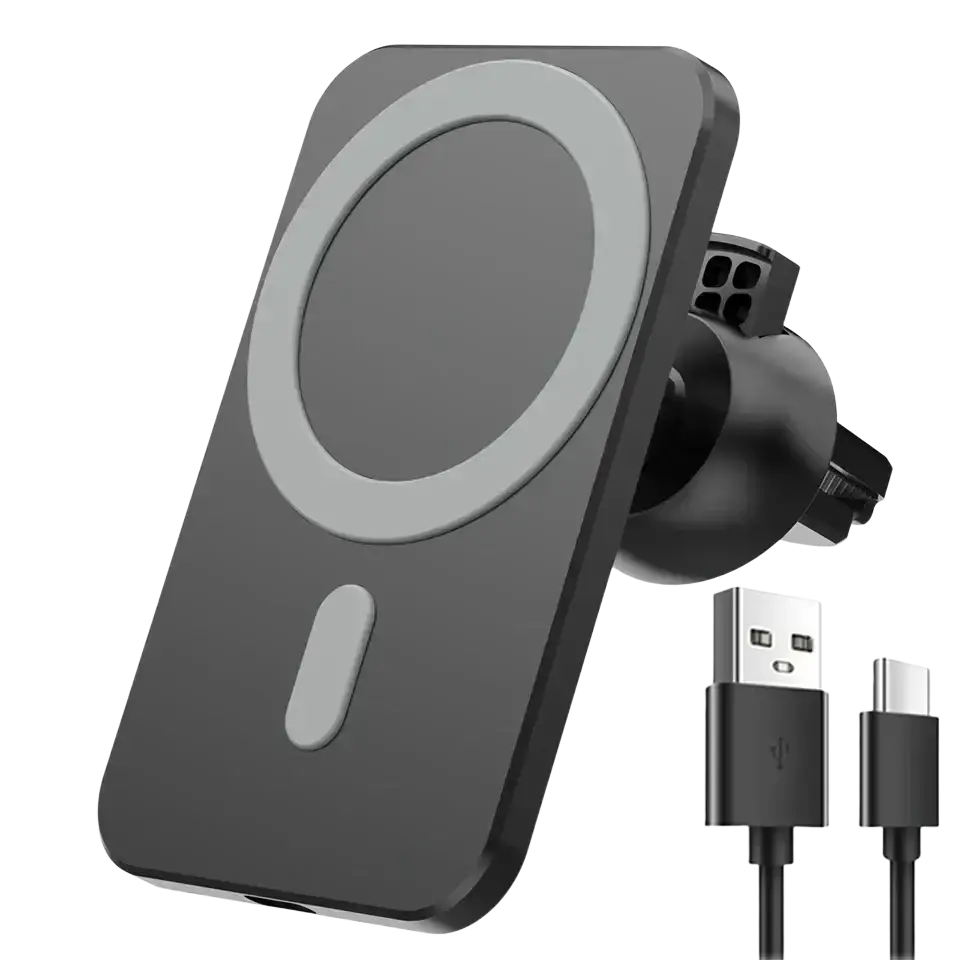 Black and gray magnetic car wireless charger with circular charging pad, matte finish, and usb-a to usb-c cables for wireless mobile phones