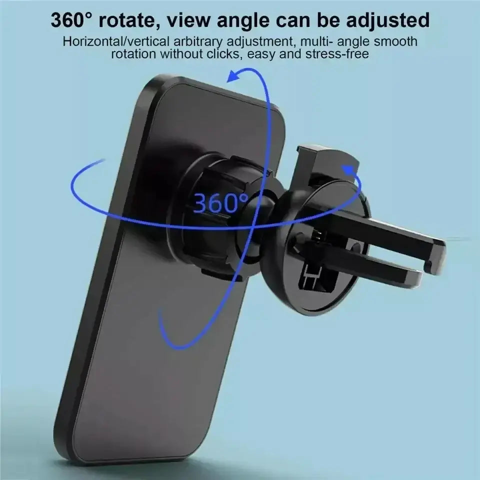 Black magnetic car wireless charger with 360-degree adjustable rotation for wireless mobile phones in car vents