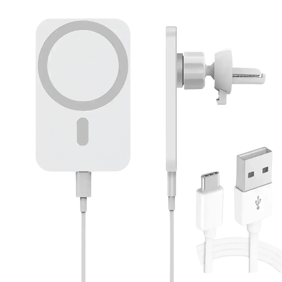 White magnetic car wireless charger for iphone with usb-c and usb-a cables for wireless mobile phones charging