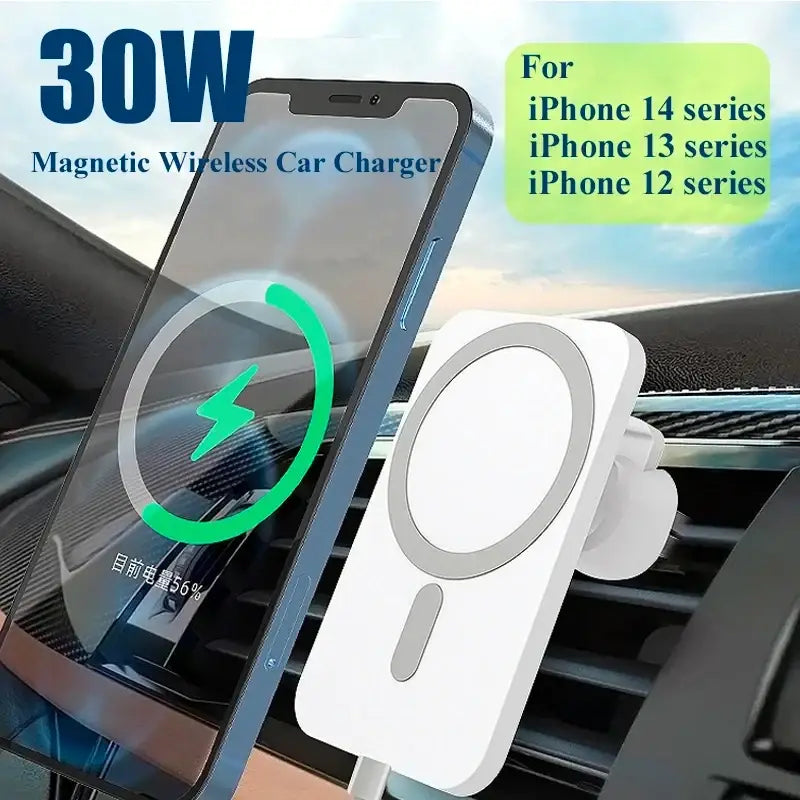 White 30w magnetic car wireless charger for iphone with sleek minimalist design for wireless mobile phones in car use