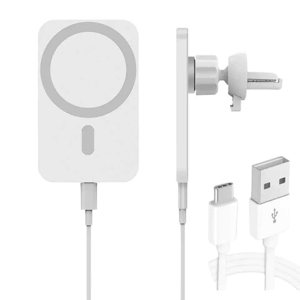 White magnetic car wireless charger with sleek minimalist design includes usb-c and usb-a cables for wireless mobile phones