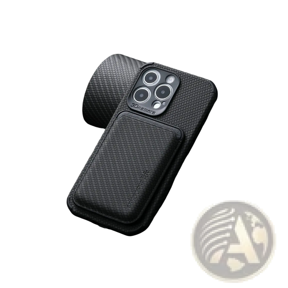 Black magnetic carbon fiber phone case with back card slot and precise camera cutout for secure storage