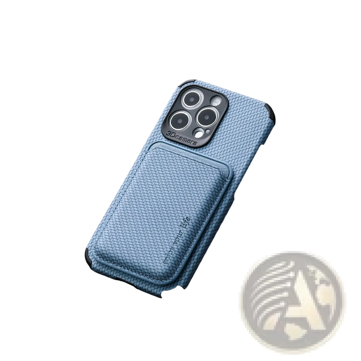 Blue woven-textured magnetic carbon fiber phone case with card holder and black camera cutout showing back side brand 3d camera
