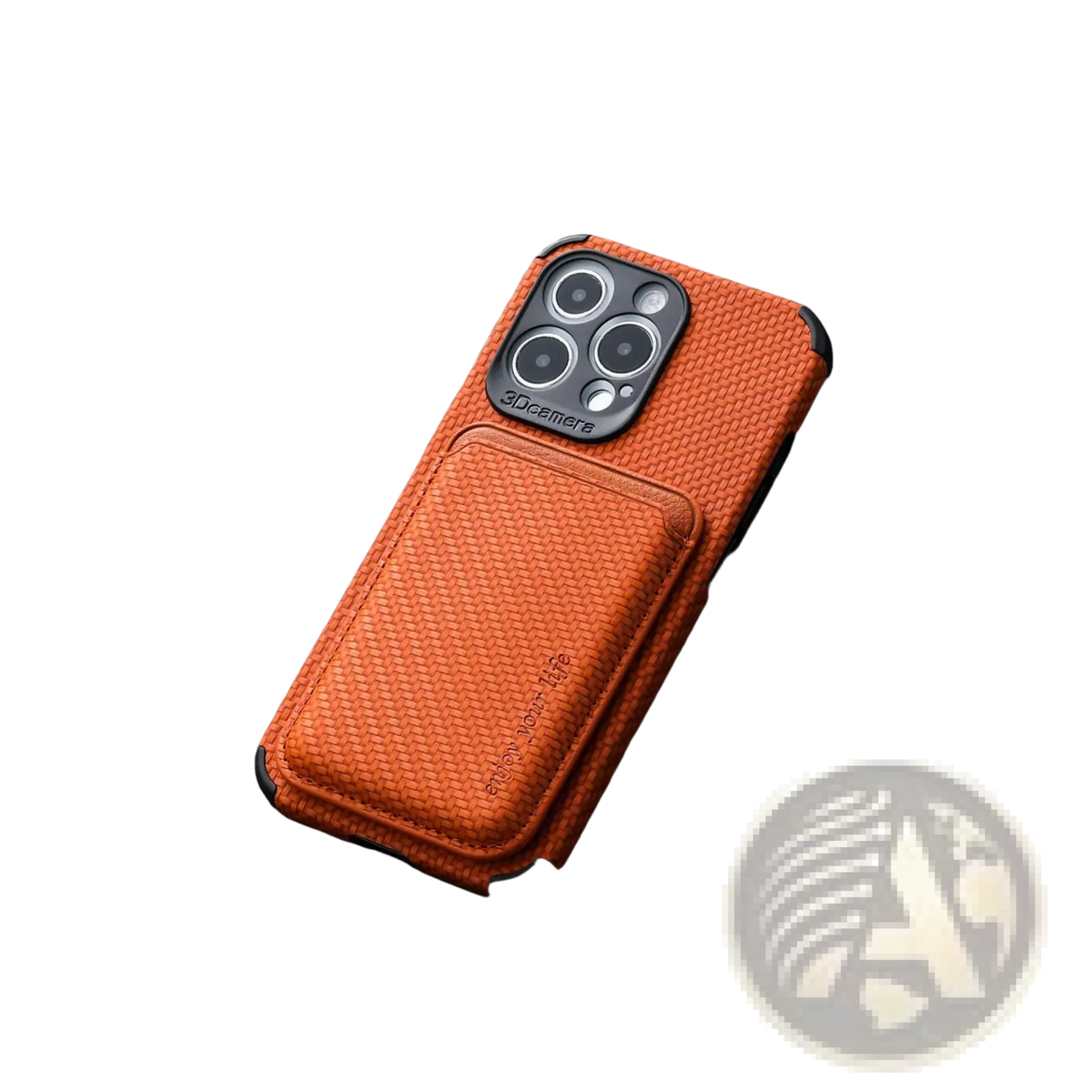 Back side of an orange magnetic carbon fiber phone case with woven texture black camera cutout and card holder slot