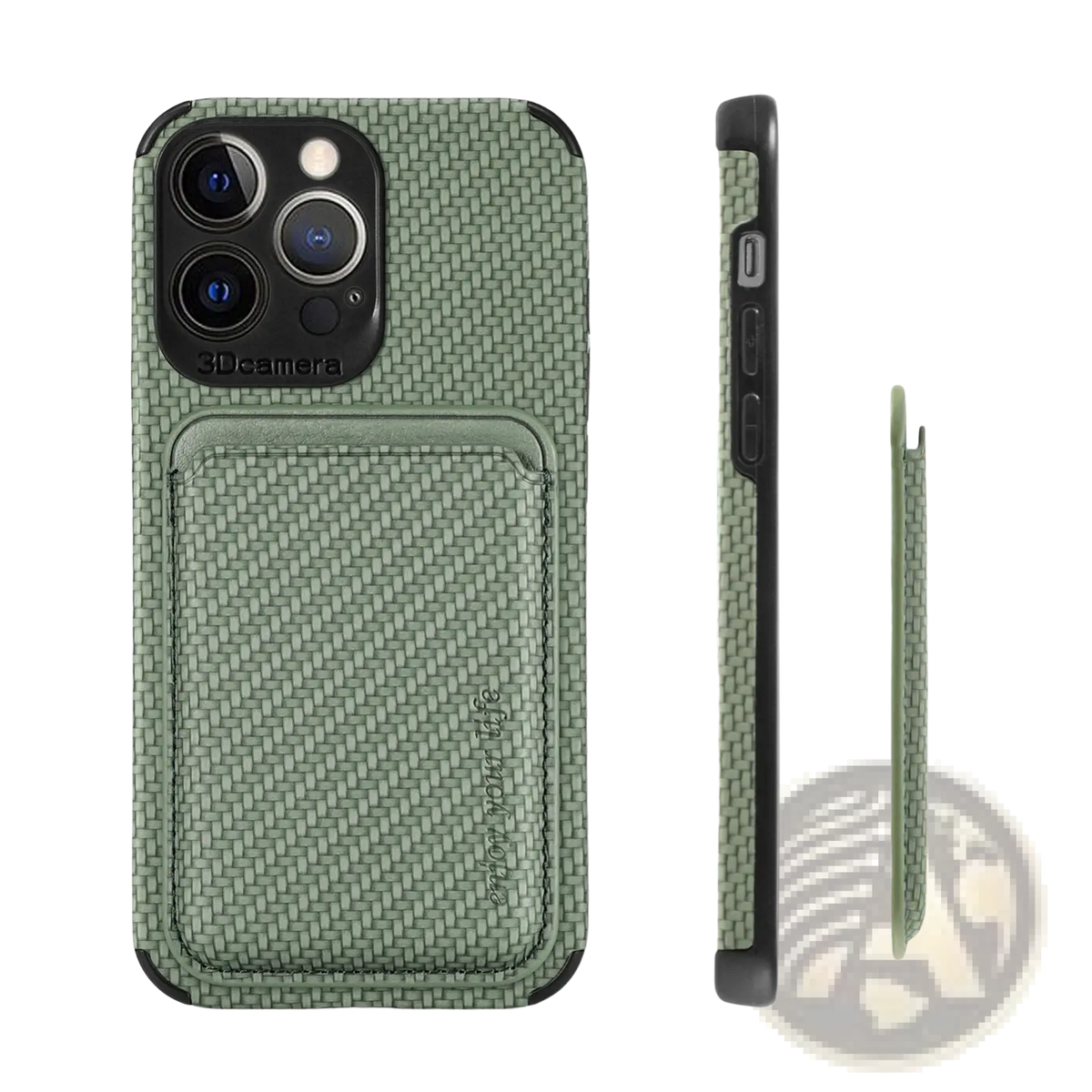 Olive green magnetic carbon fiber phone case with woven texture, built-in card slot, and black trim shown from back side