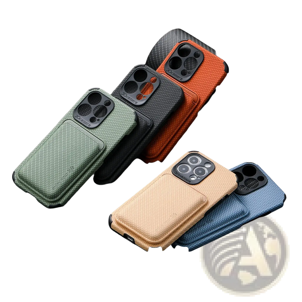 Magnetic carbon fiber phone cases with card holder shown from the back in green black orange beige and blue colors