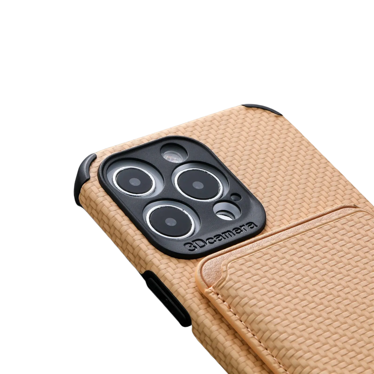 Back side of tan woven leather magnetic carbon fiber phone case with black 3d camera cover and card holder