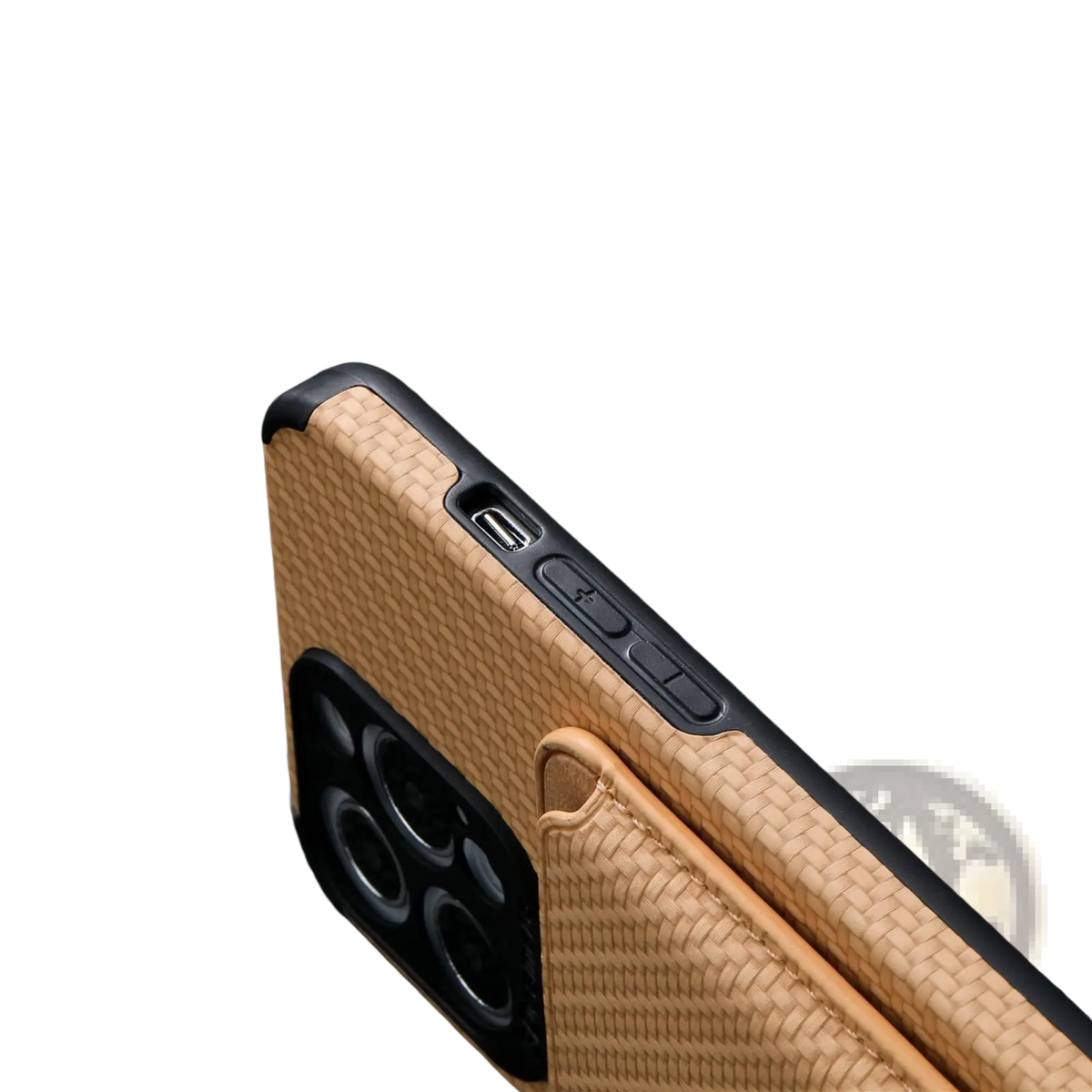 Back side of a magnetic carbon fiber phone case with tan woven texture, black accents, and built-in card holder