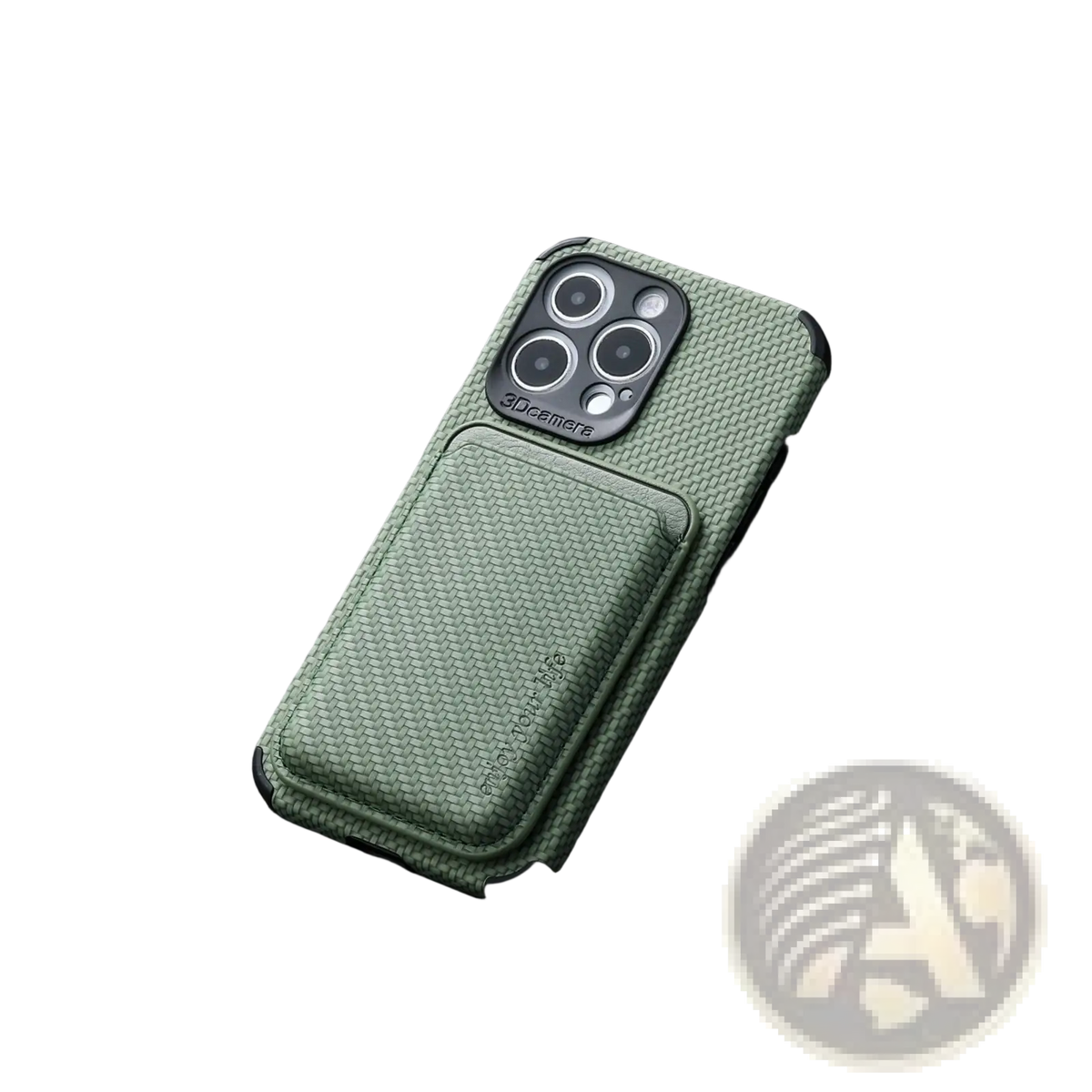 Back side of green magnetic carbon fiber phone case with woven texture built-in card slot and 3dcamere branding