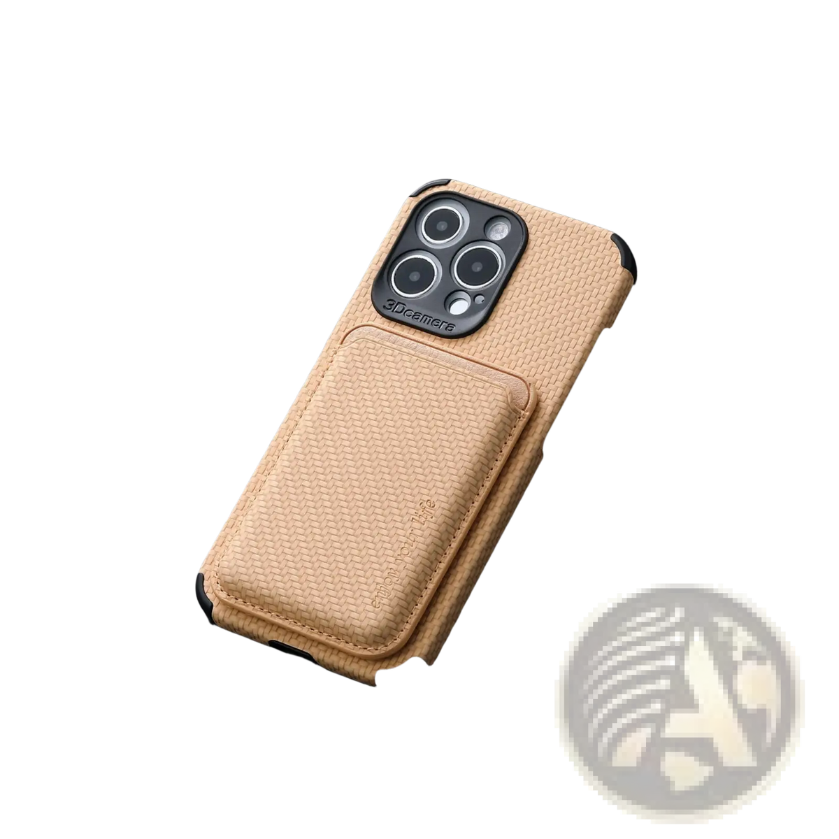 Back side of tan woven leather magnetic carbon fiber phone case with black camera cutout and card slot holder