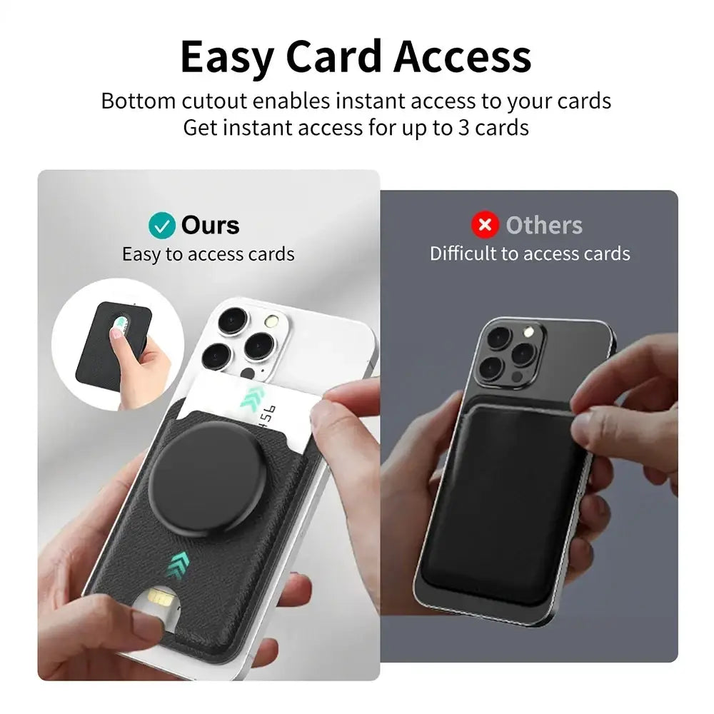 Black textured leather magnetic card holder with circular pop socket and bottom cutout for easy card access