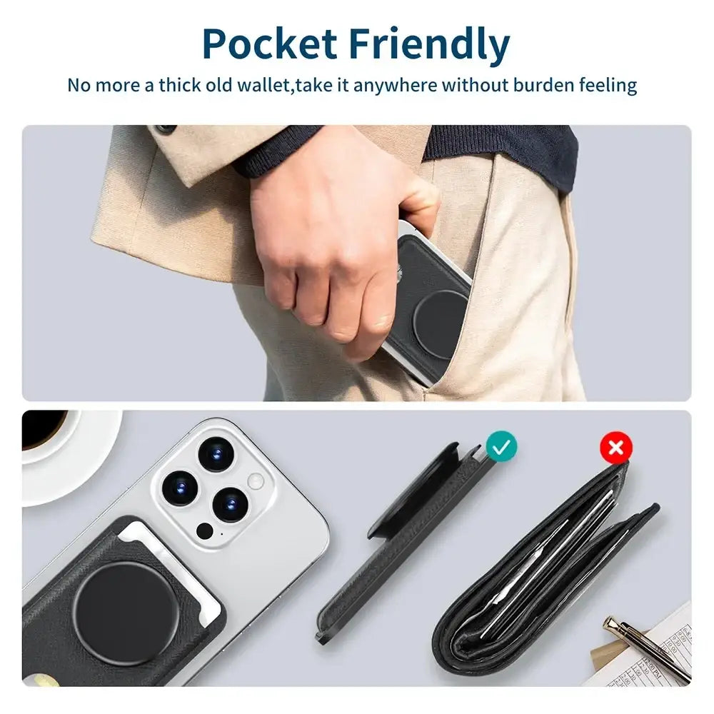 Black leather wallet with magnetic card holder and card slot design for secure phone grip and easy access