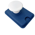 Blue textured leather magnetic card holder phone stand with white circular pop socket on the back side