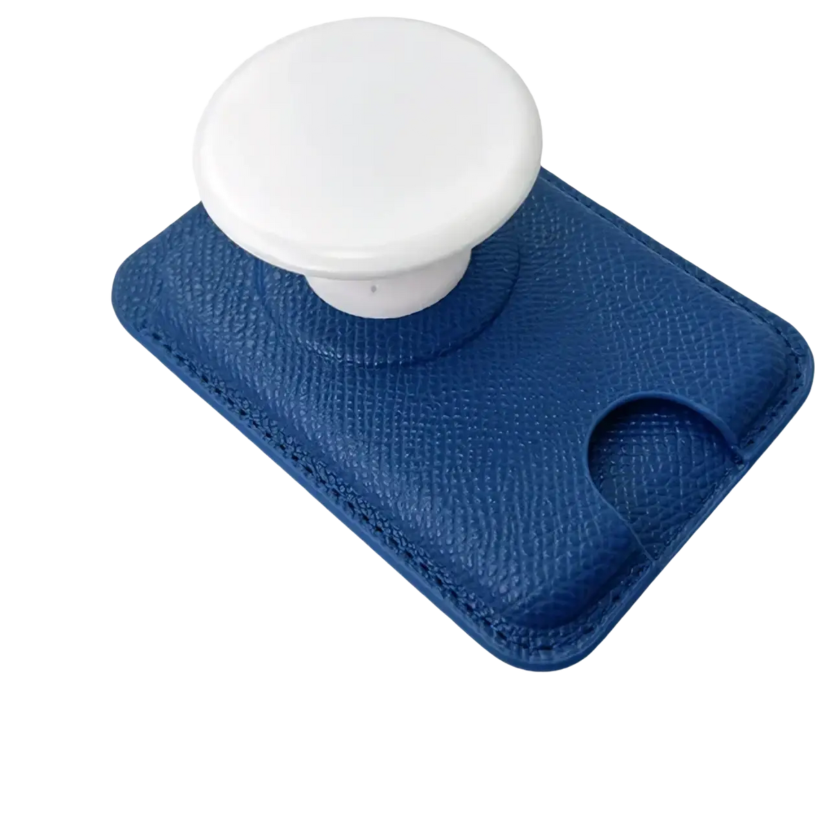 Blue textured leather magnetic card holder phone stand with white circular pop socket on the back side