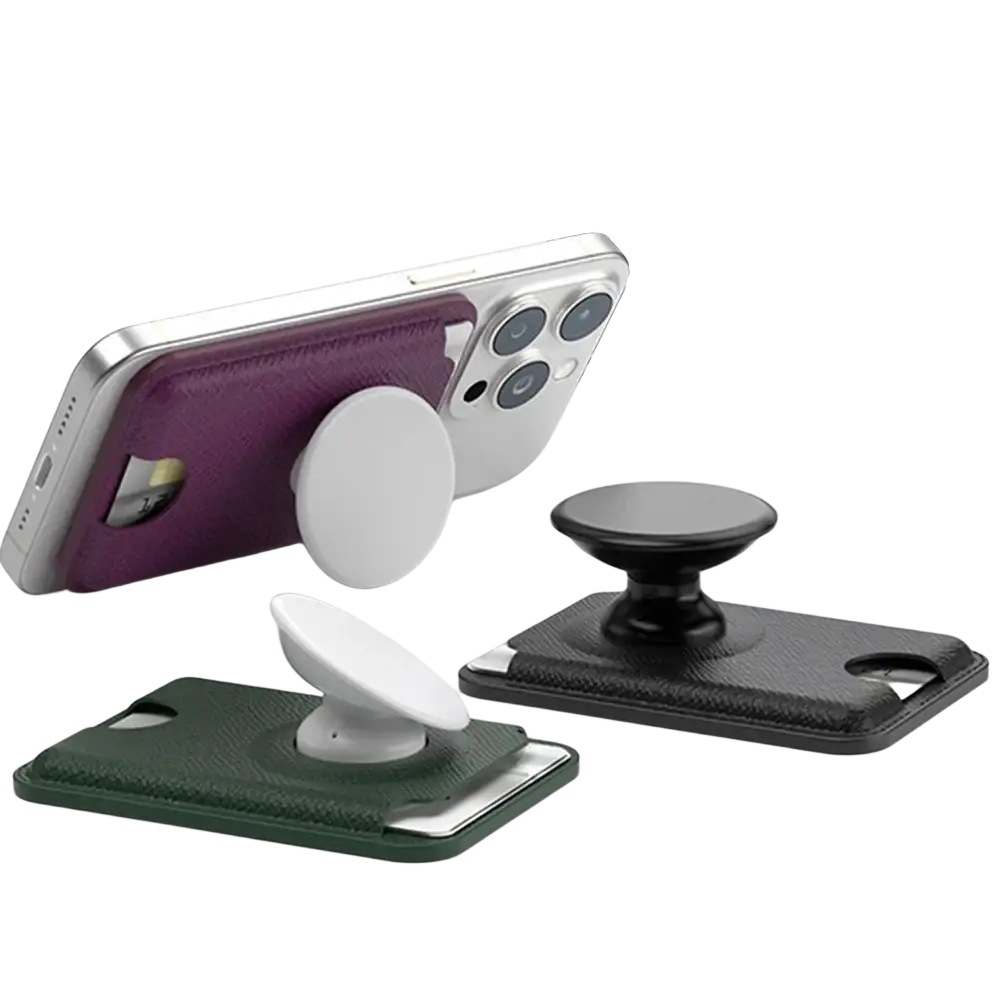 Purple textured leather phone grip with white circular base for magnetic card holder use on back side of device