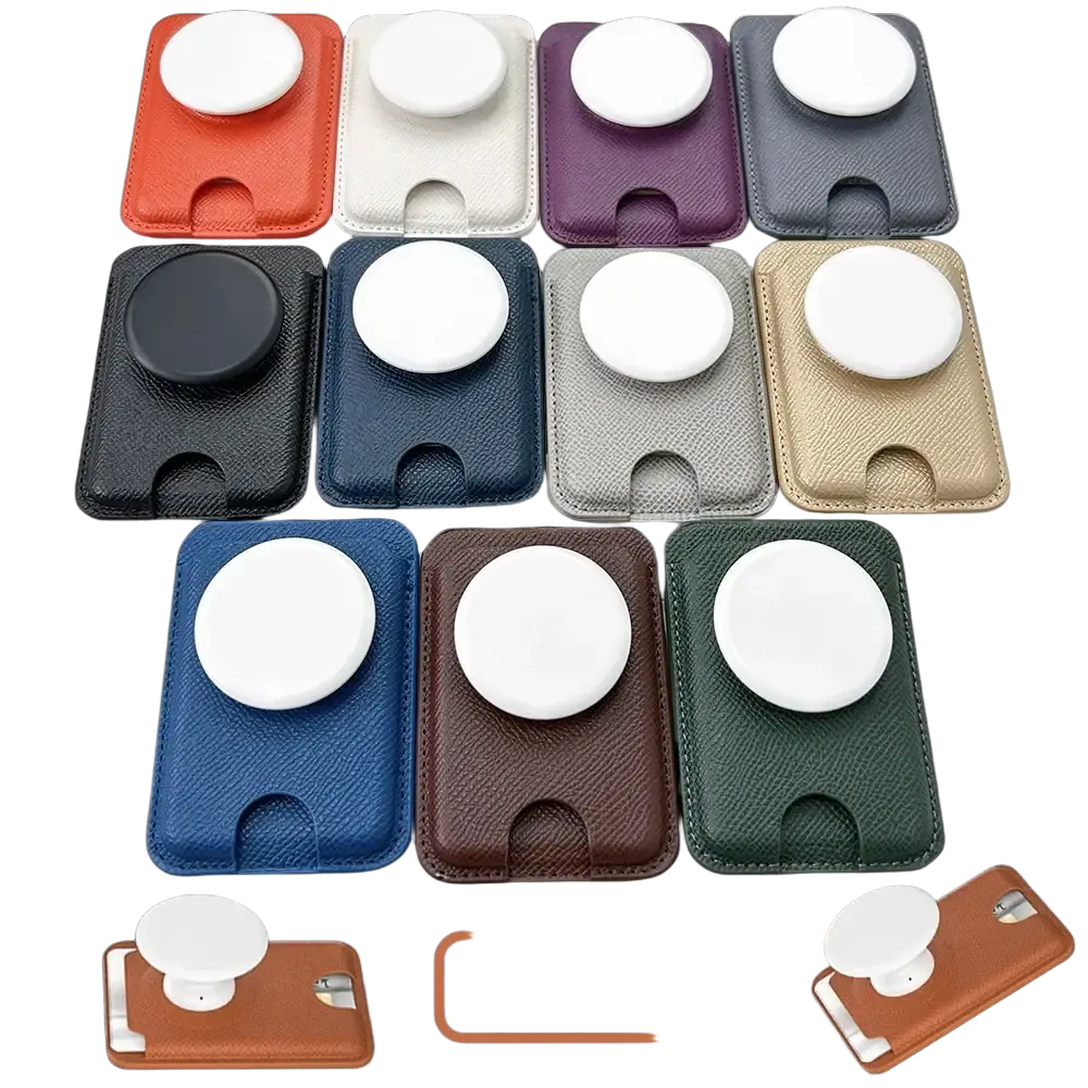 Sleek textured leather magnetic card holder with a vibrant white popsocket phone grip attachment