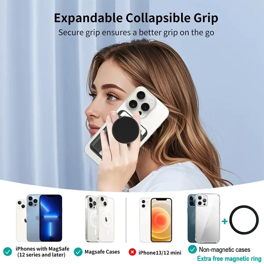 White iphone back with black leather magnetic card holder and phone grip attached for secure holding