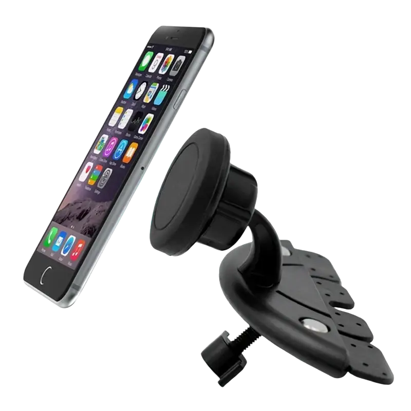 Black magnetic cd slot car phone mount with adjustable clip and suction cup base for mini gps and iphone
