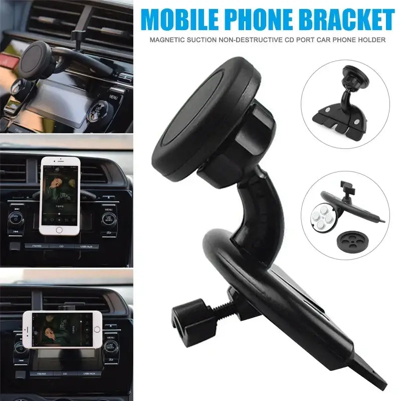 Black magnetic cd slot car phone mount with adjustable arm compatible with gps and mini iphone devices