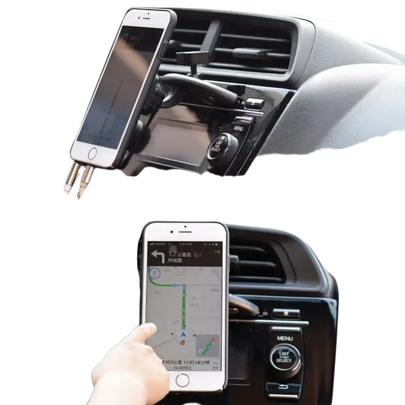 White smartphone mounted in a magnetic cd slot car phone mount with charging port and gps navigation screen visible