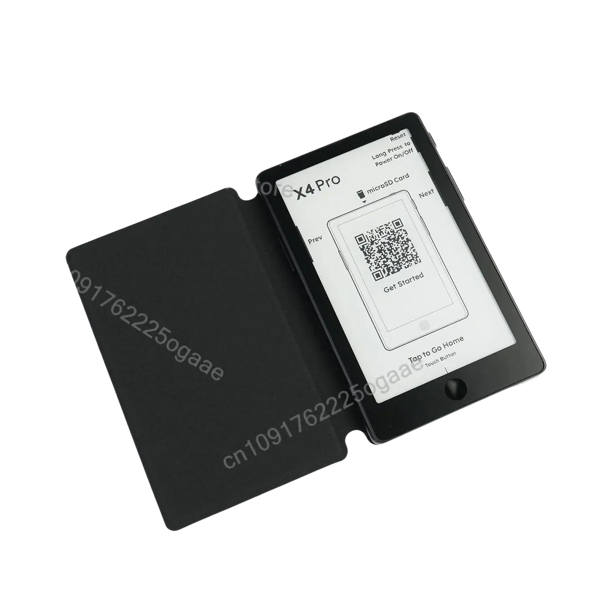 Black x4 pro e-reader with a protective cover shown with the official original magnetic charging dock for xteink x4 pro