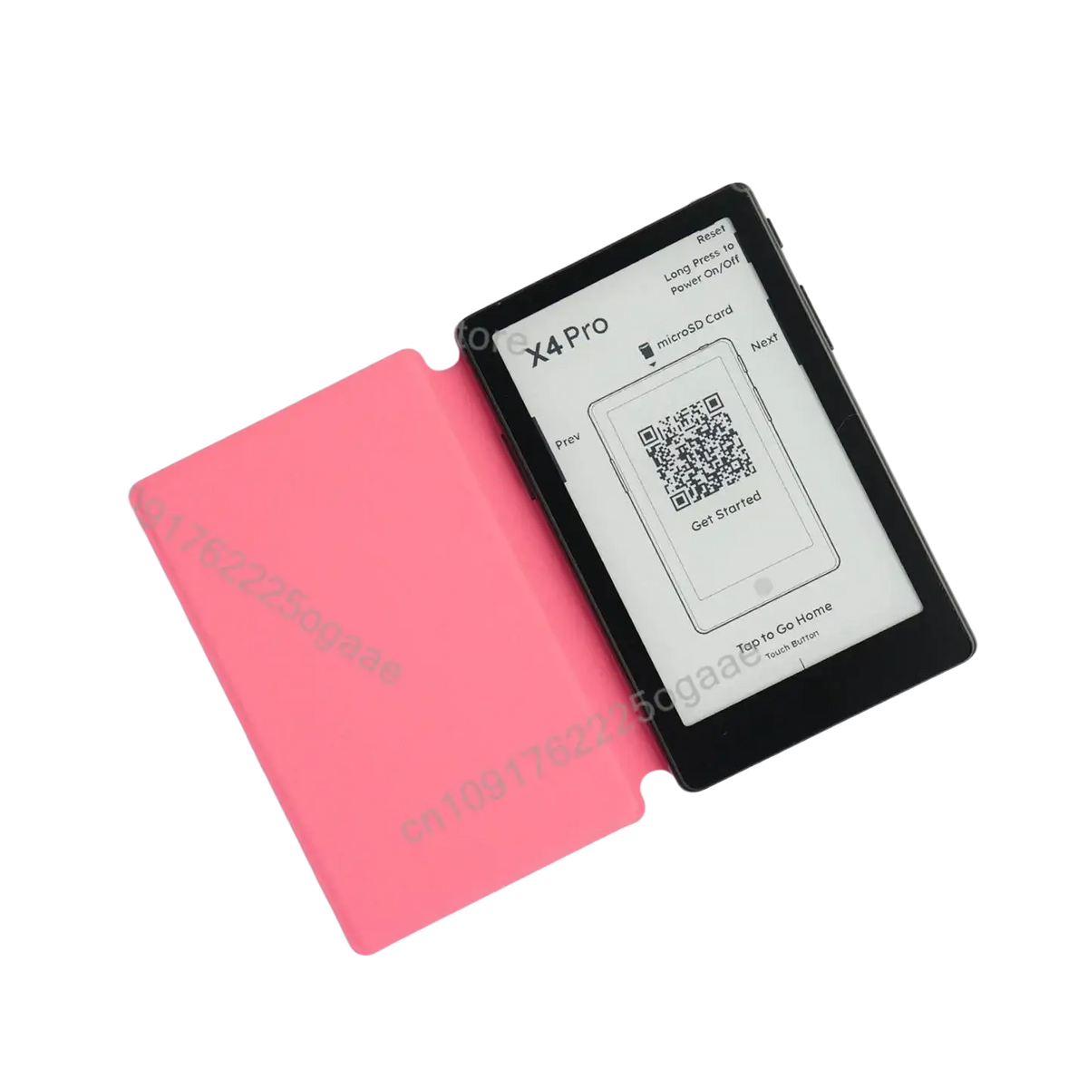 Black kindle x4 pro e-reader with pink case beside official original magnetic charging dock for xteink x4 pro