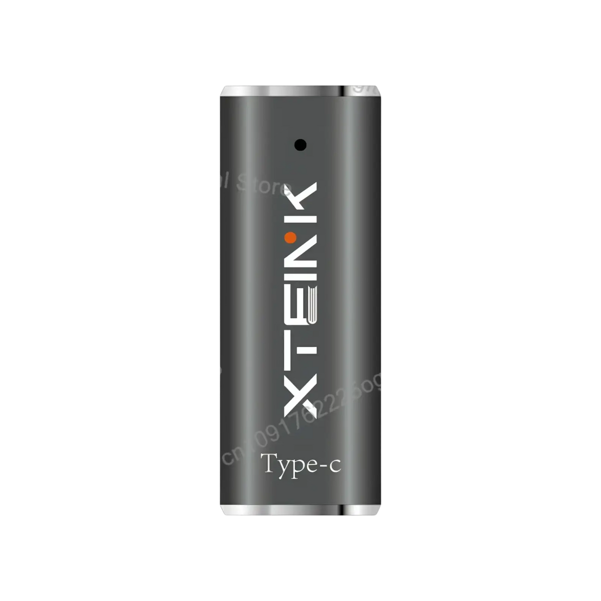 A sleek matte black x-tek type-c usb flash drive with silver ends shown with the official original magnetic charging dock