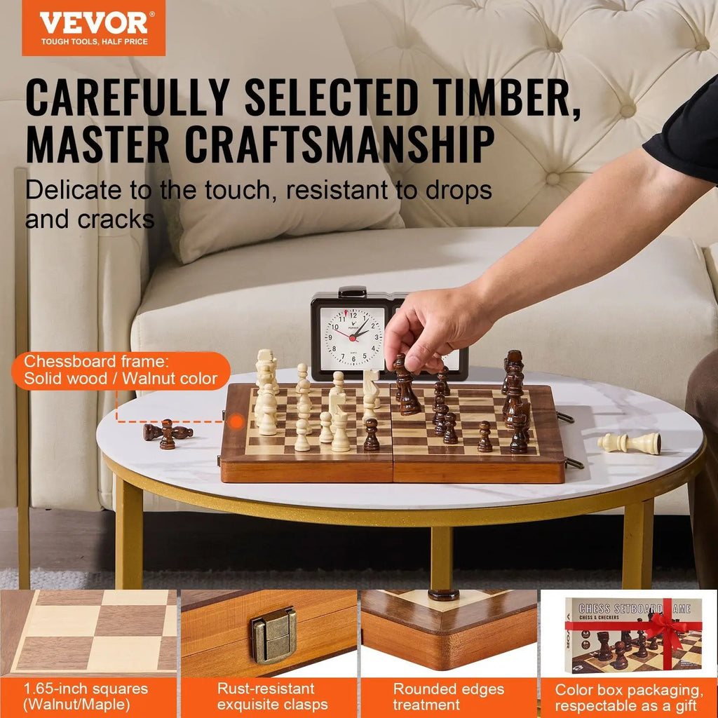 Magnetic chess and checkers set 15 inch walnut solid wood chessboard with matching box and dark brown light beige pieces