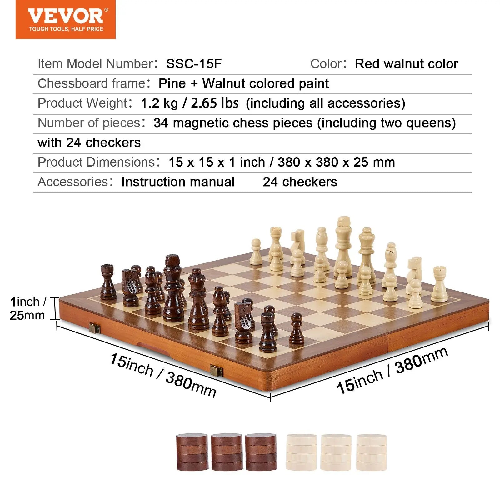Magnetic chess and checkers set featuring 34 red walnut wooden pieces on a dark and light checkered board
