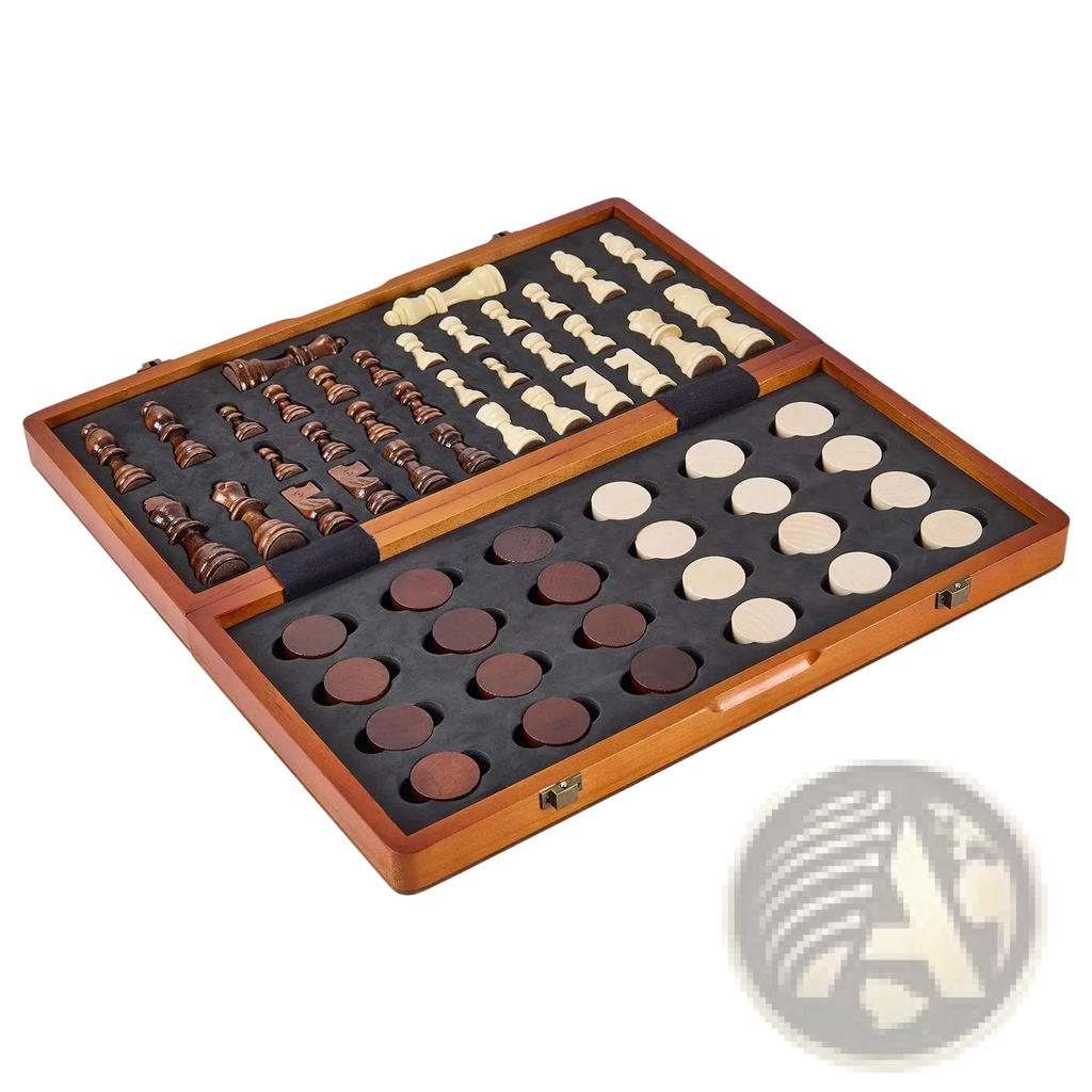 Magnetic chess and checkers set 15 inch wooden game with dark brown and cream foldable pieces in dual-compartment tray
