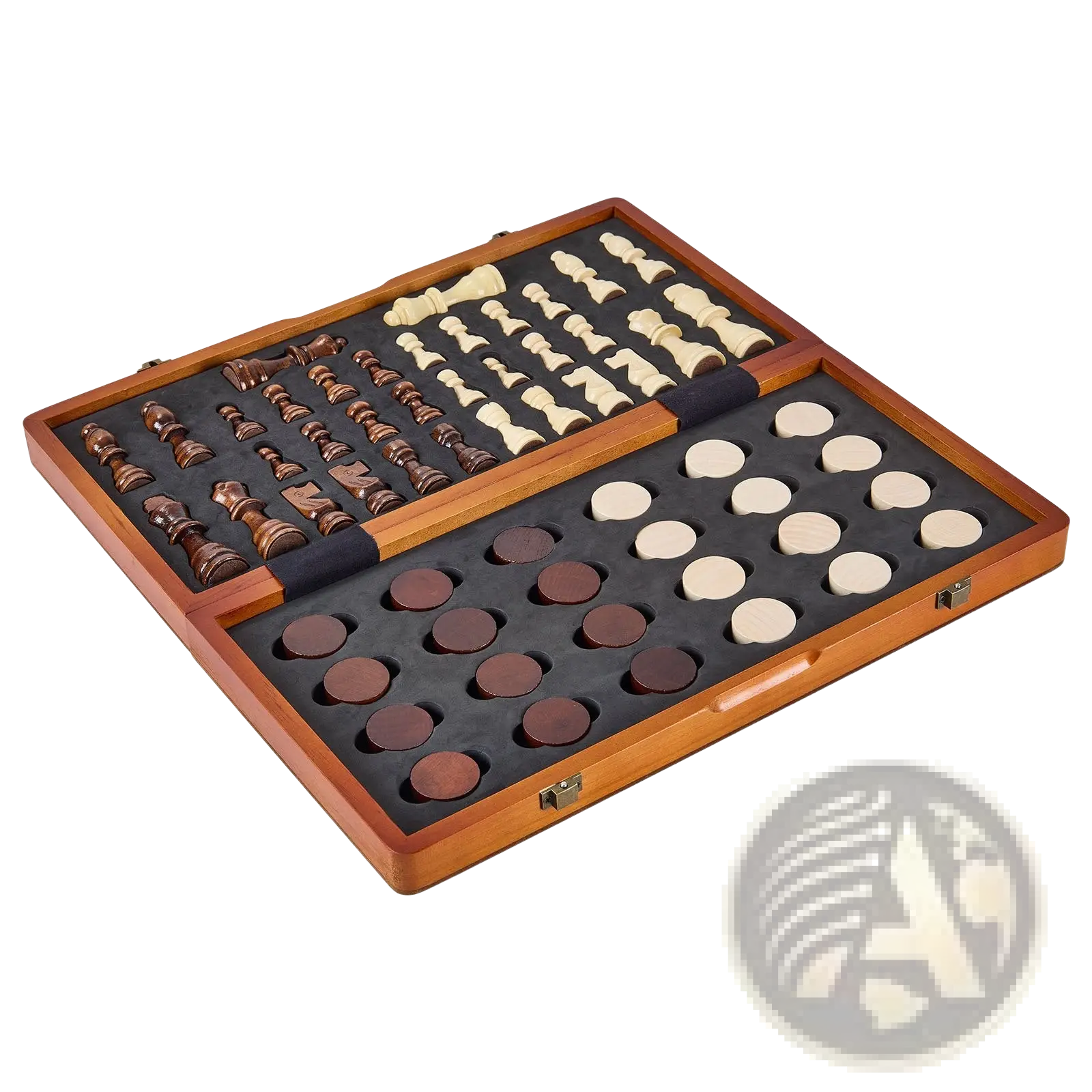 Magnetic chess and checkers set 15 inch wooden game with dark brown and cream foldable pieces in dual-compartment tray