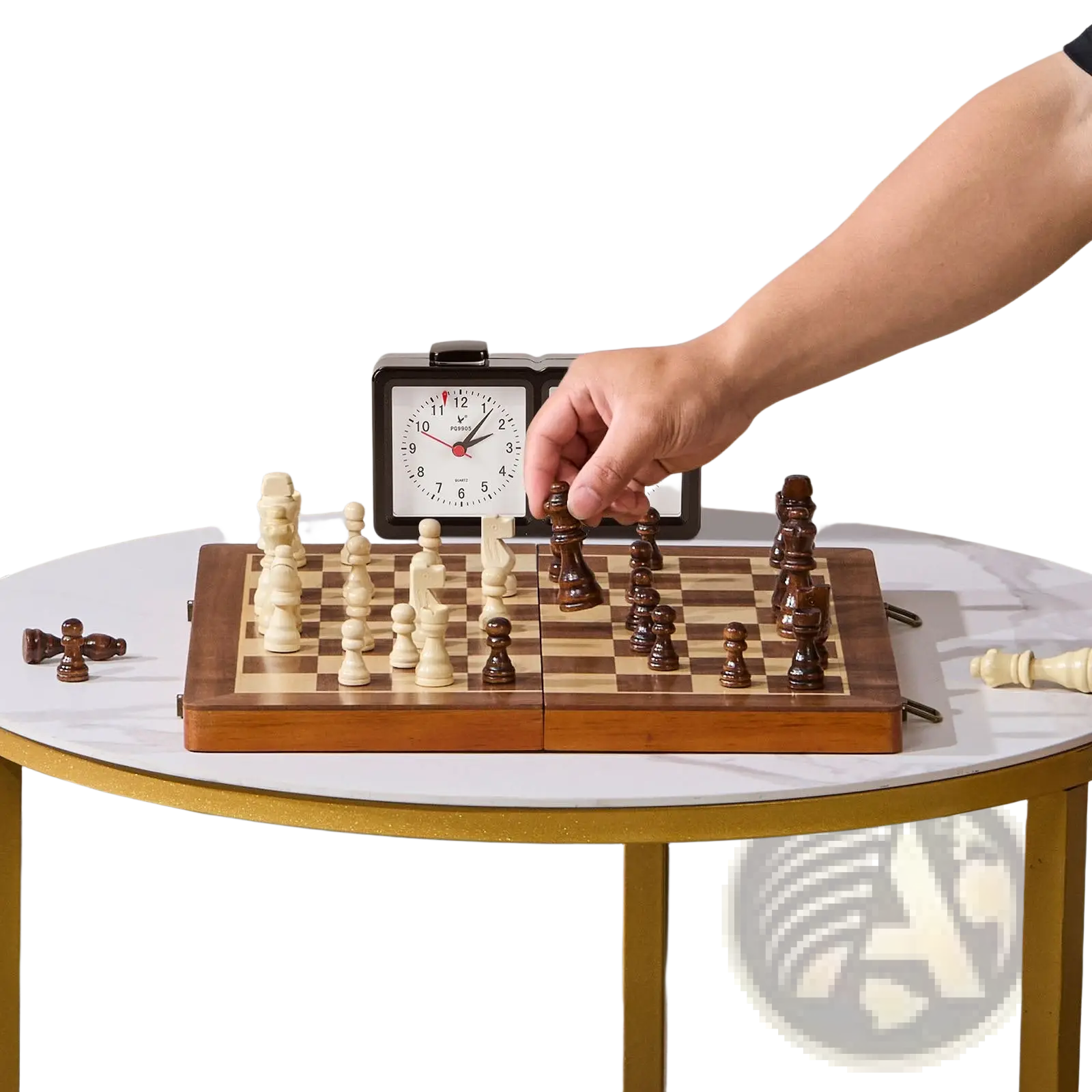 Wooden magnetic chess and checkers set with light and dark brown pieces on a foldable 15 inch board