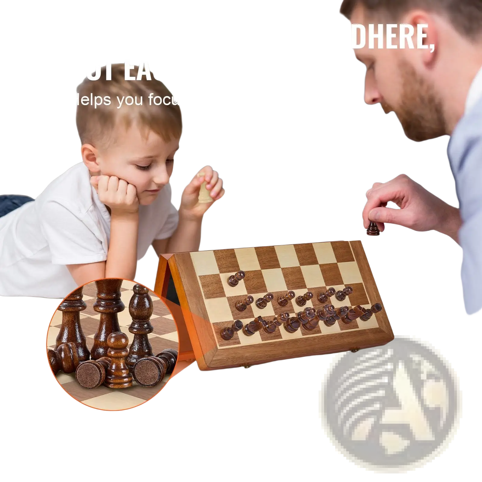Wooden folding magnetic chess and checkers set with dark brown and light beige checkered board and matching pieces
