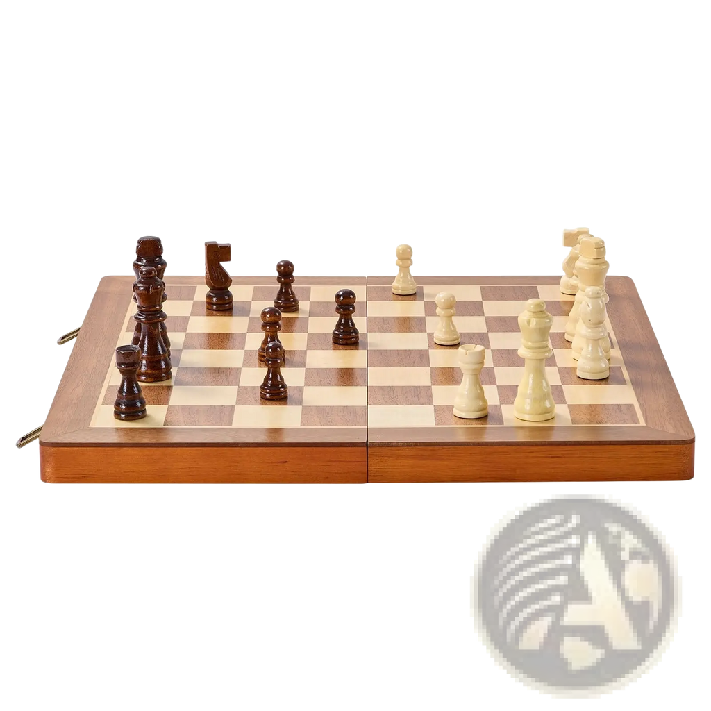 Wooden foldable magnetic chess and checkers set with dark brown and cream pieces on a 15 inch checkered board