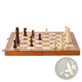 Wooden foldable magnetic chess and checkers set with dark brown and cream pieces on a 15 inch checkered board