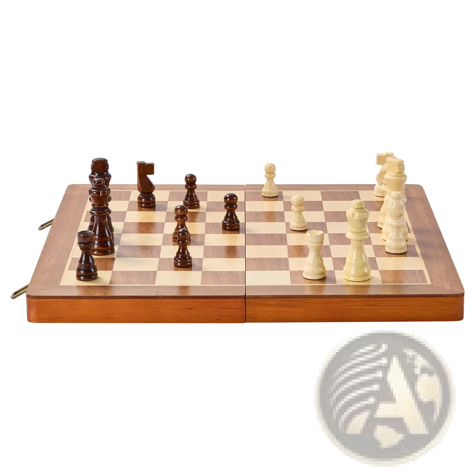 Wooden foldable magnetic chess and checkers set with dark brown and cream pieces on a 15 inch checkered board