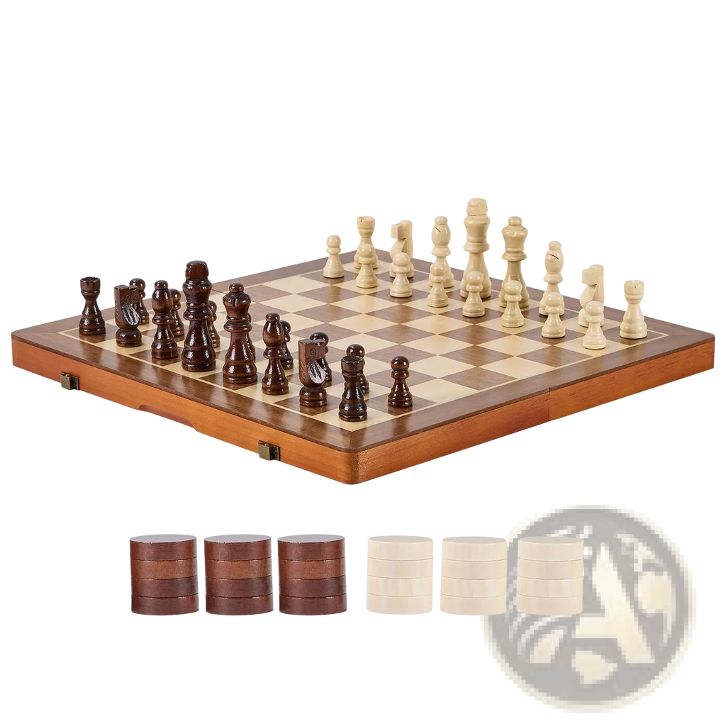 Wooden magnetic chess and checkers set with dark brown and beige pieces and matching cylindrical storage containers on board